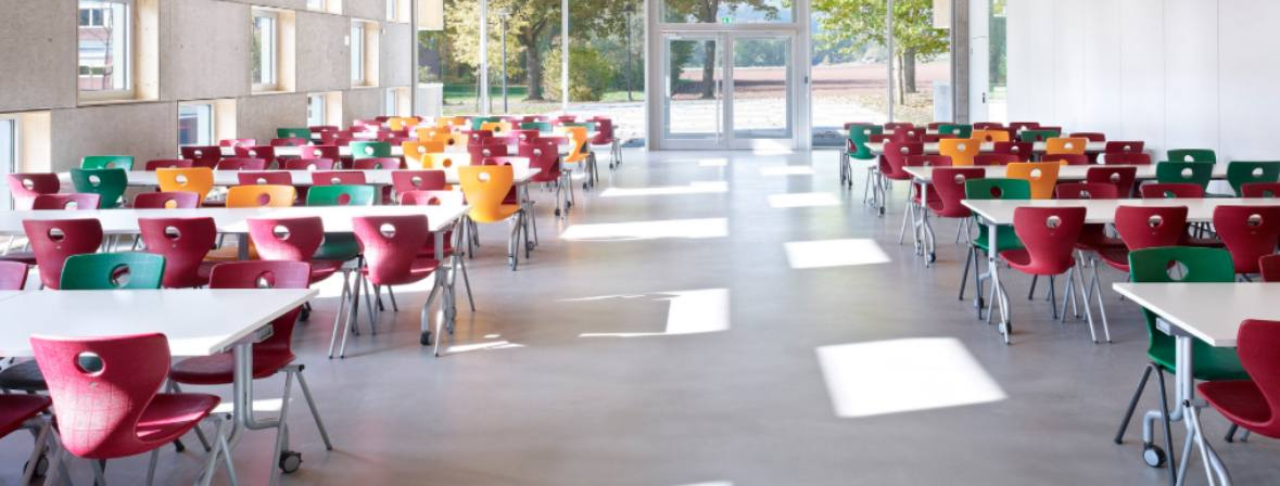 School cafeteria with colorful chairs